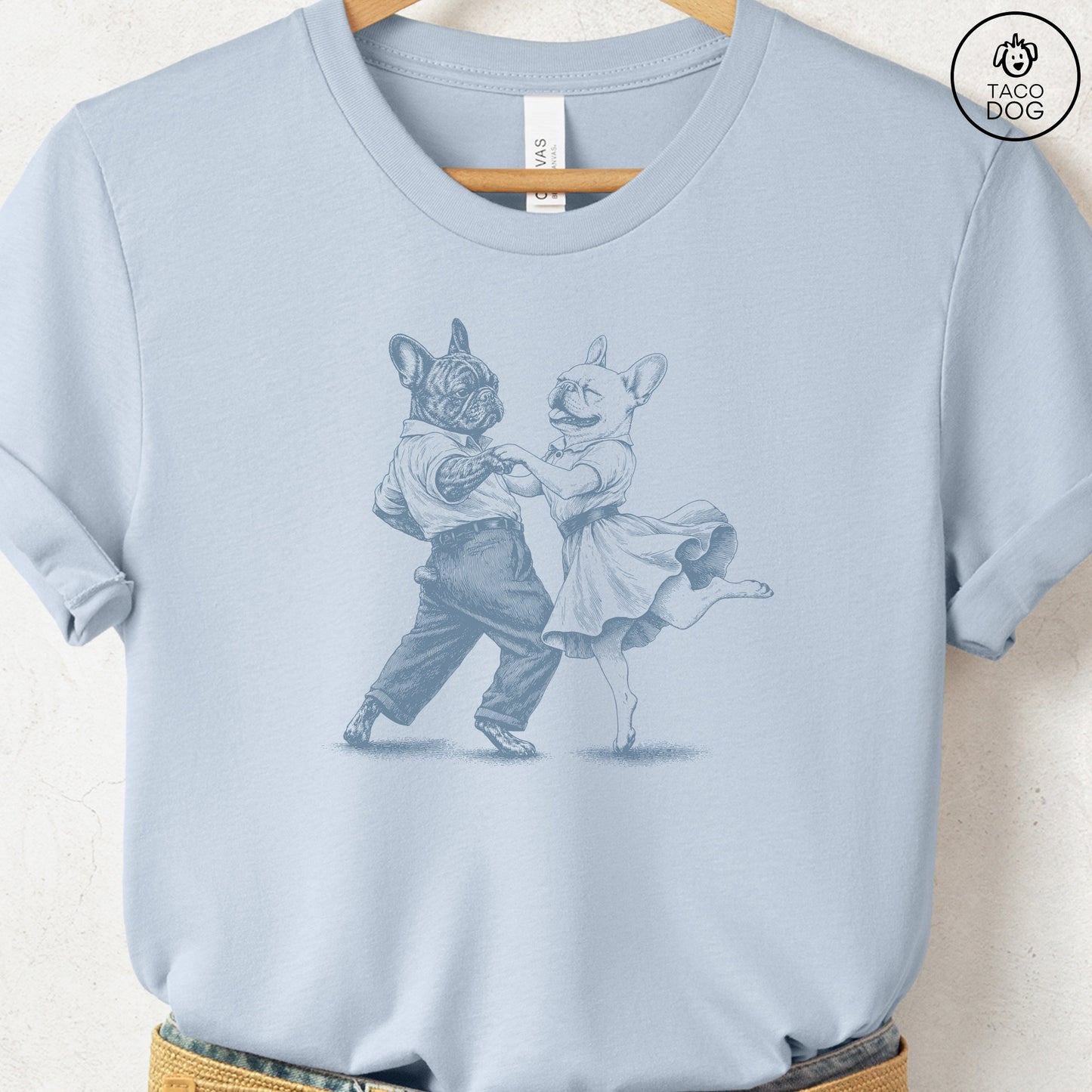 French Bulldog Frenchie Dancing T-Shirt Light Blue Taco-Dog