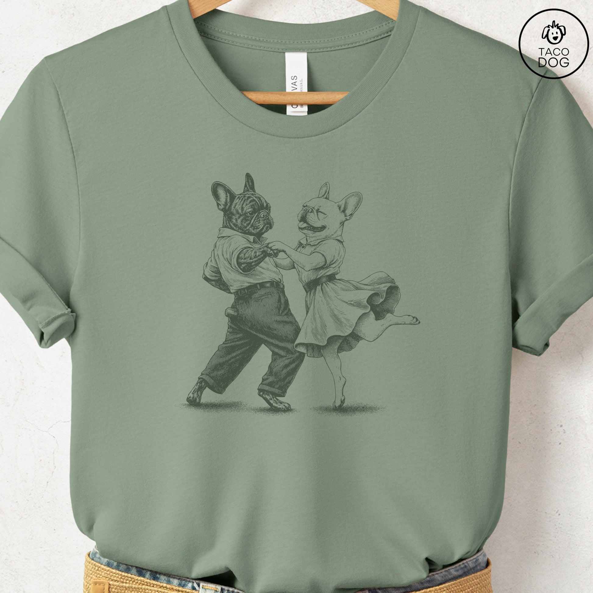 French Bulldog Frenchie Dancing T-Shirt Sage Taco-Dog