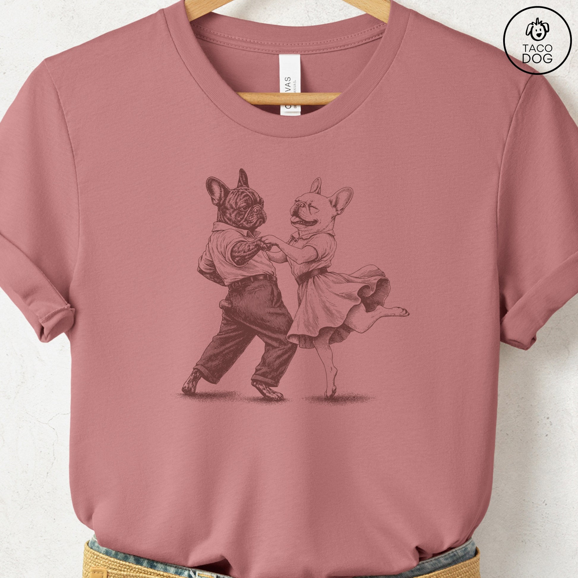 French Bulldog Frenchie Dancing T-Shirt Heather Mauve Taco-Dog