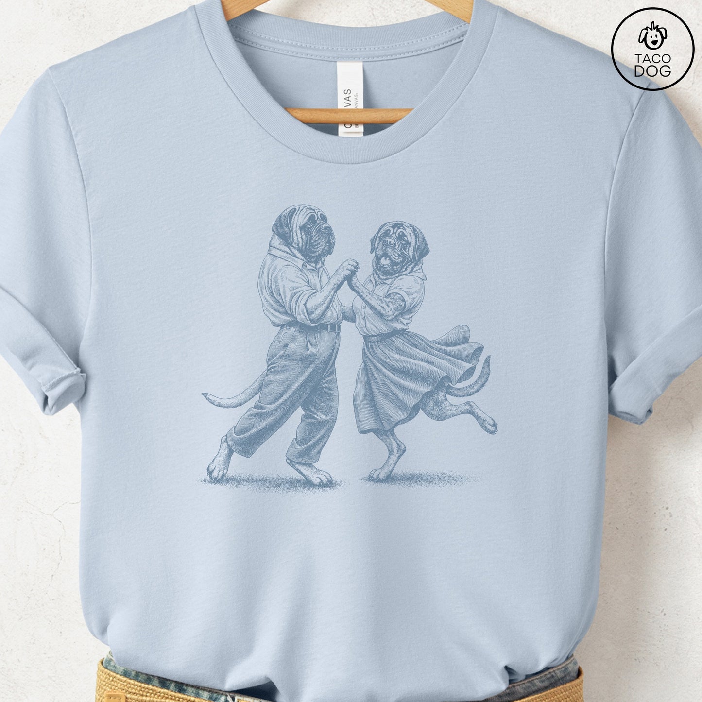 Mastiff Dancing T-Shirt Light Blue Taco-Dog