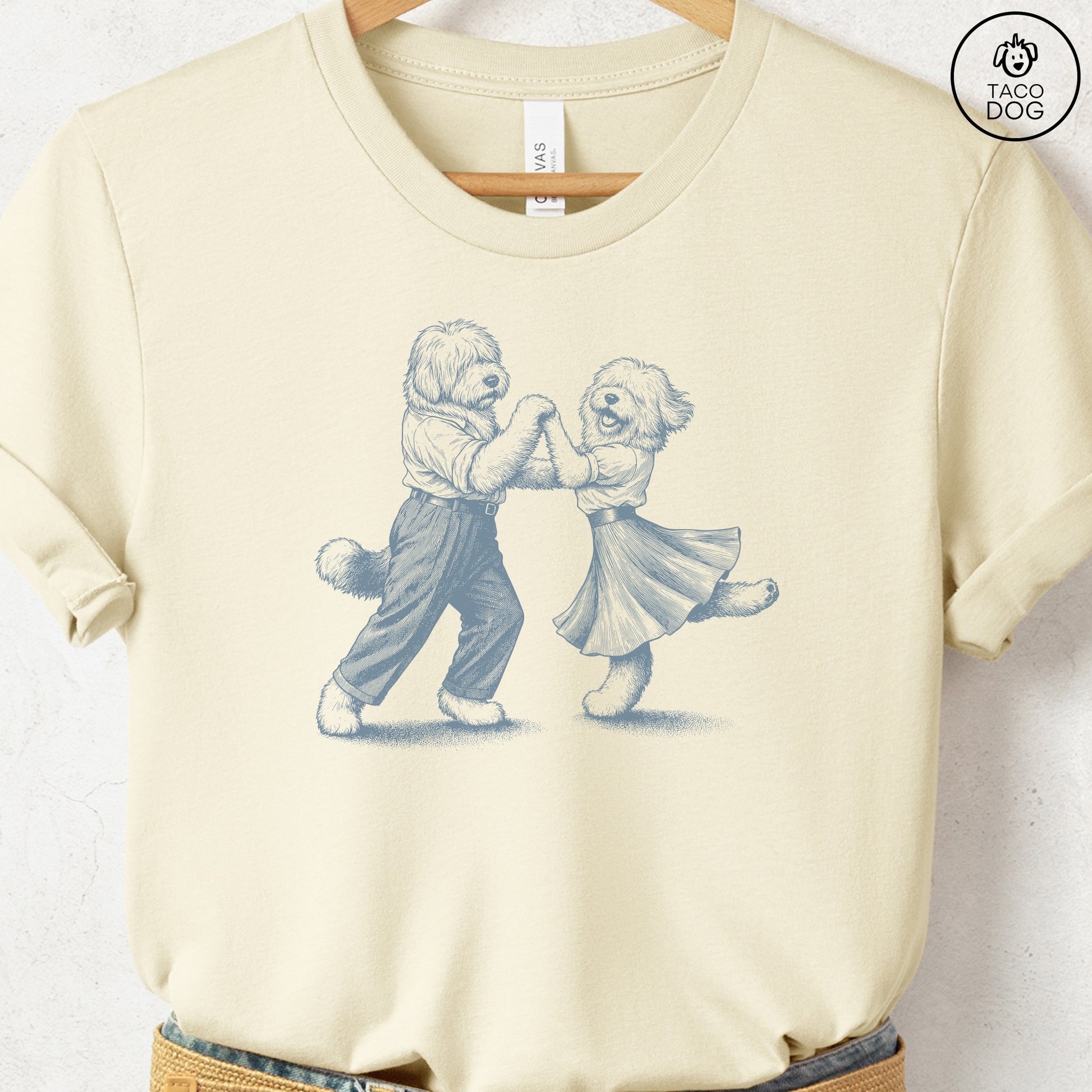 Old English Sheepdog Dancing T-Shirt Natural Taco-Dog
