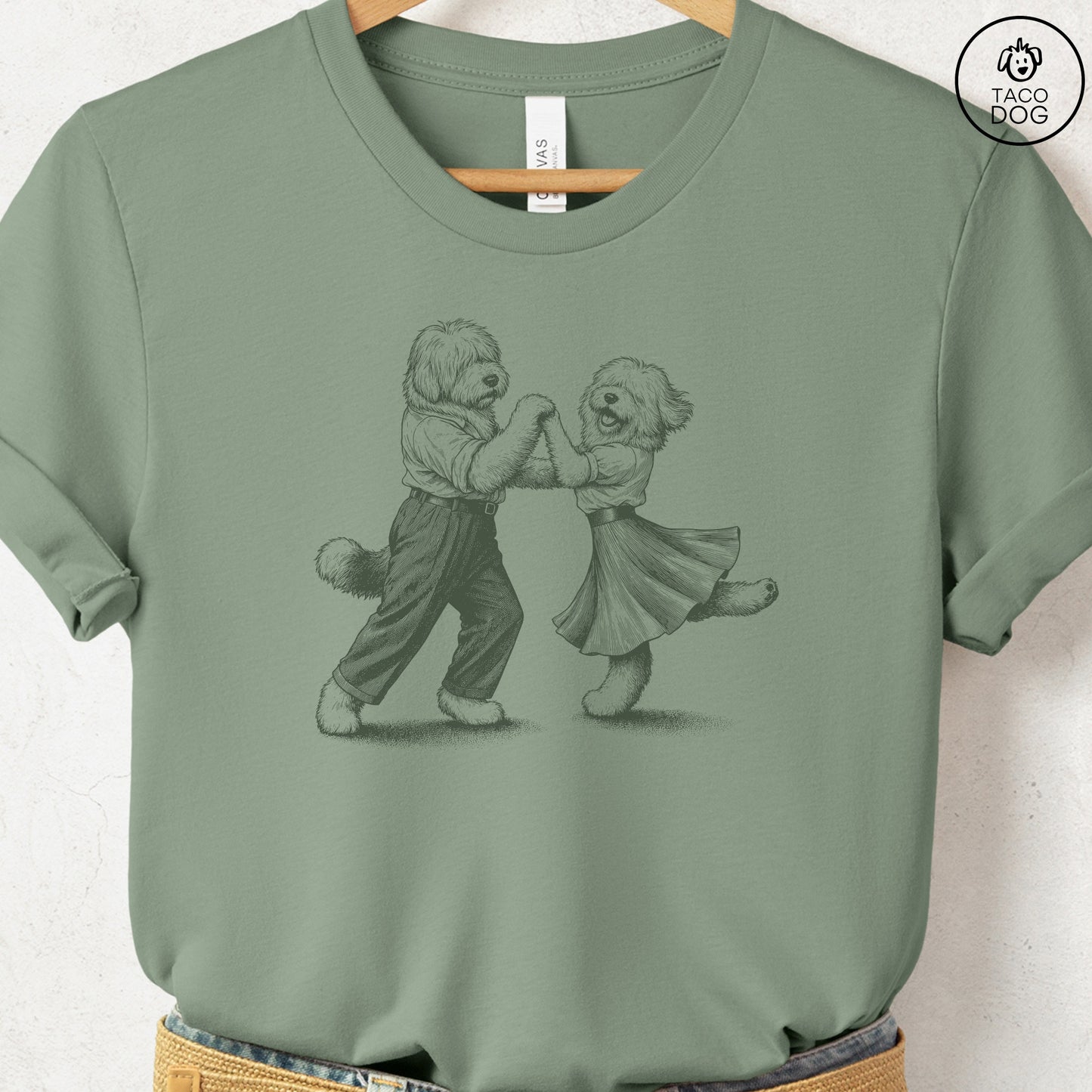 Old English Sheepdog Dancing T-Shirt Sage Taco-Dog