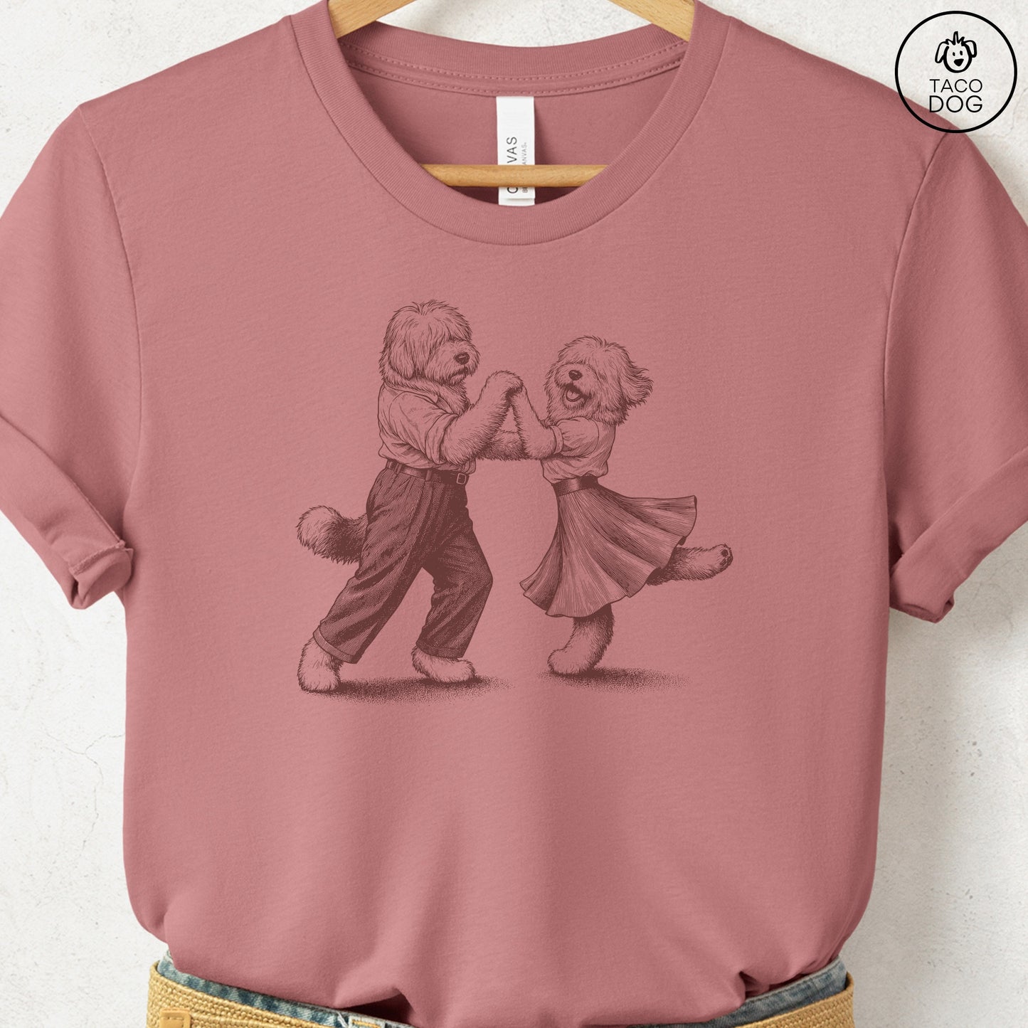 Old English Sheepdog Dancing T-Shirt Heather Mauve Taco-Dog