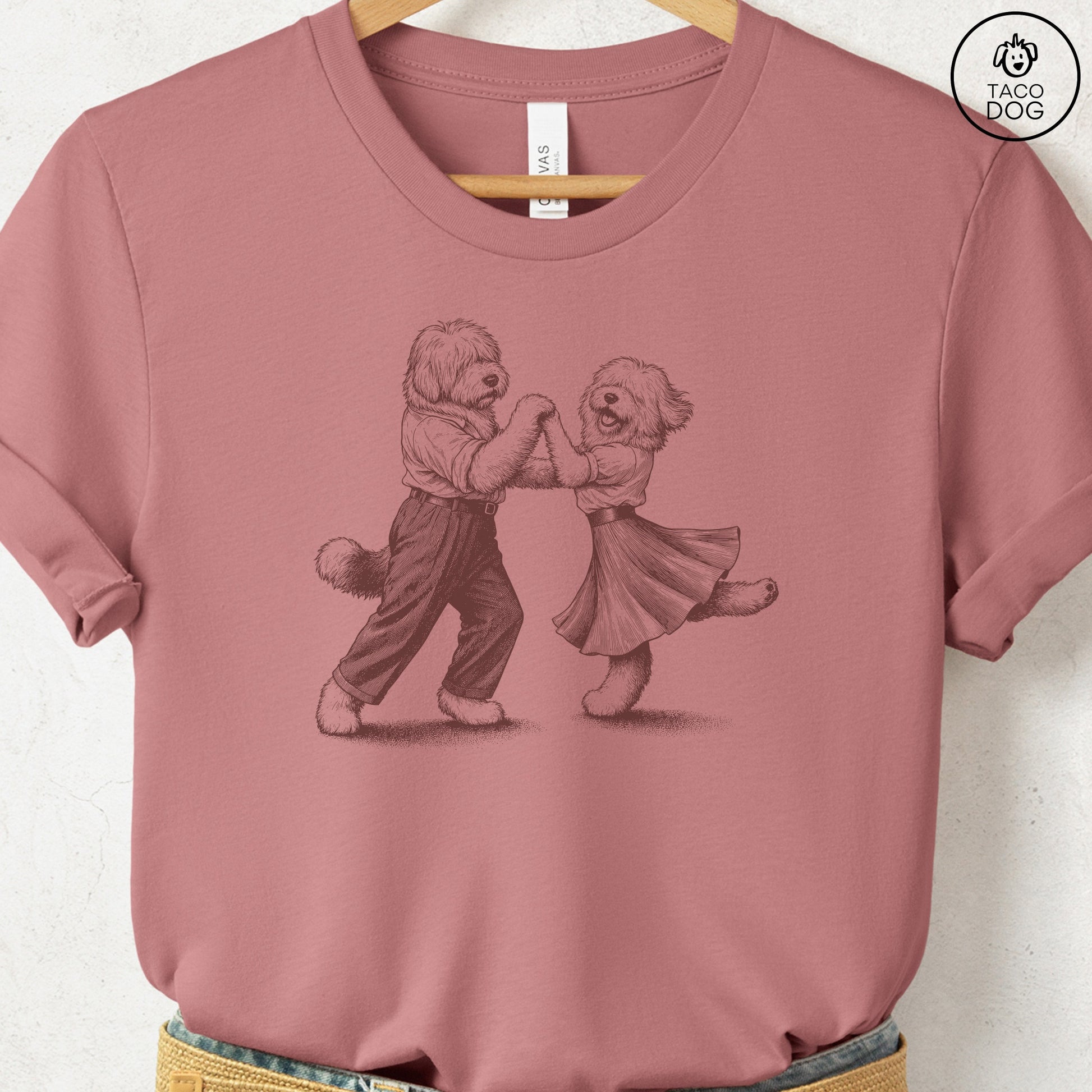 Old English Sheepdog Dancing T-Shirt Heather Mauve Taco-Dog
