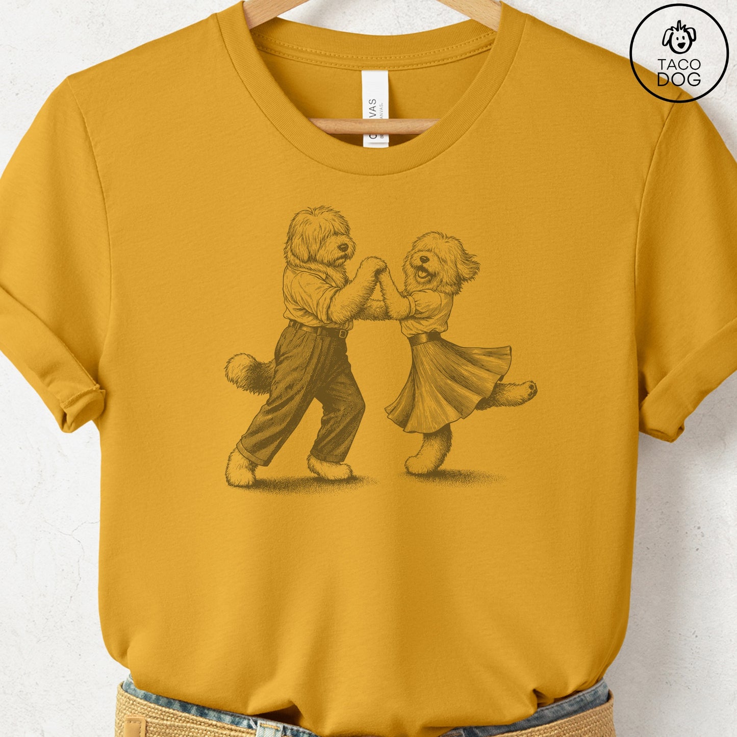 Old English Sheepdog Dancing T-Shirt Mustard Taco-Dog
