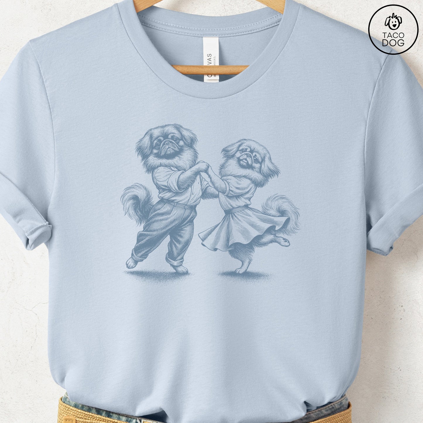 Pekingese Dancing T-Shirt Light Blue Taco-Dog