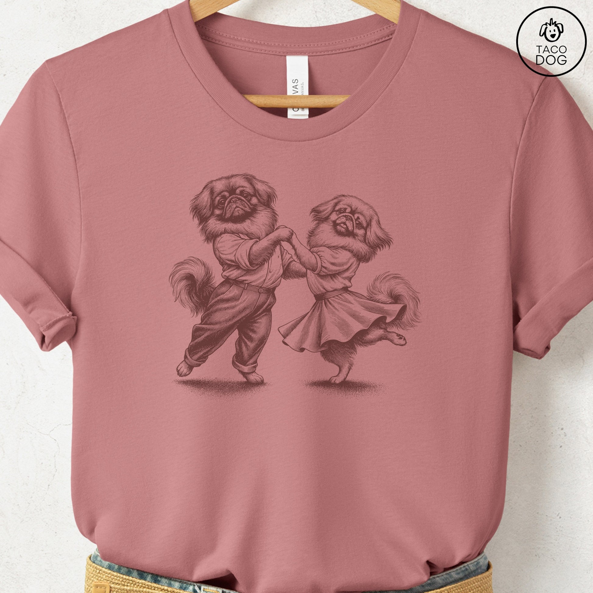 Pekingese Dancing T-Shirt Heather Mauve Taco-Dog