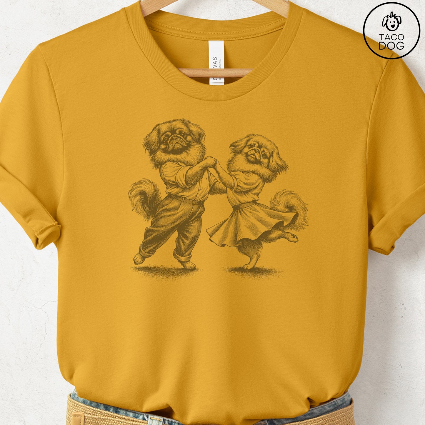 Pekingese Dancing T-Shirt Mustard Taco-Dog
