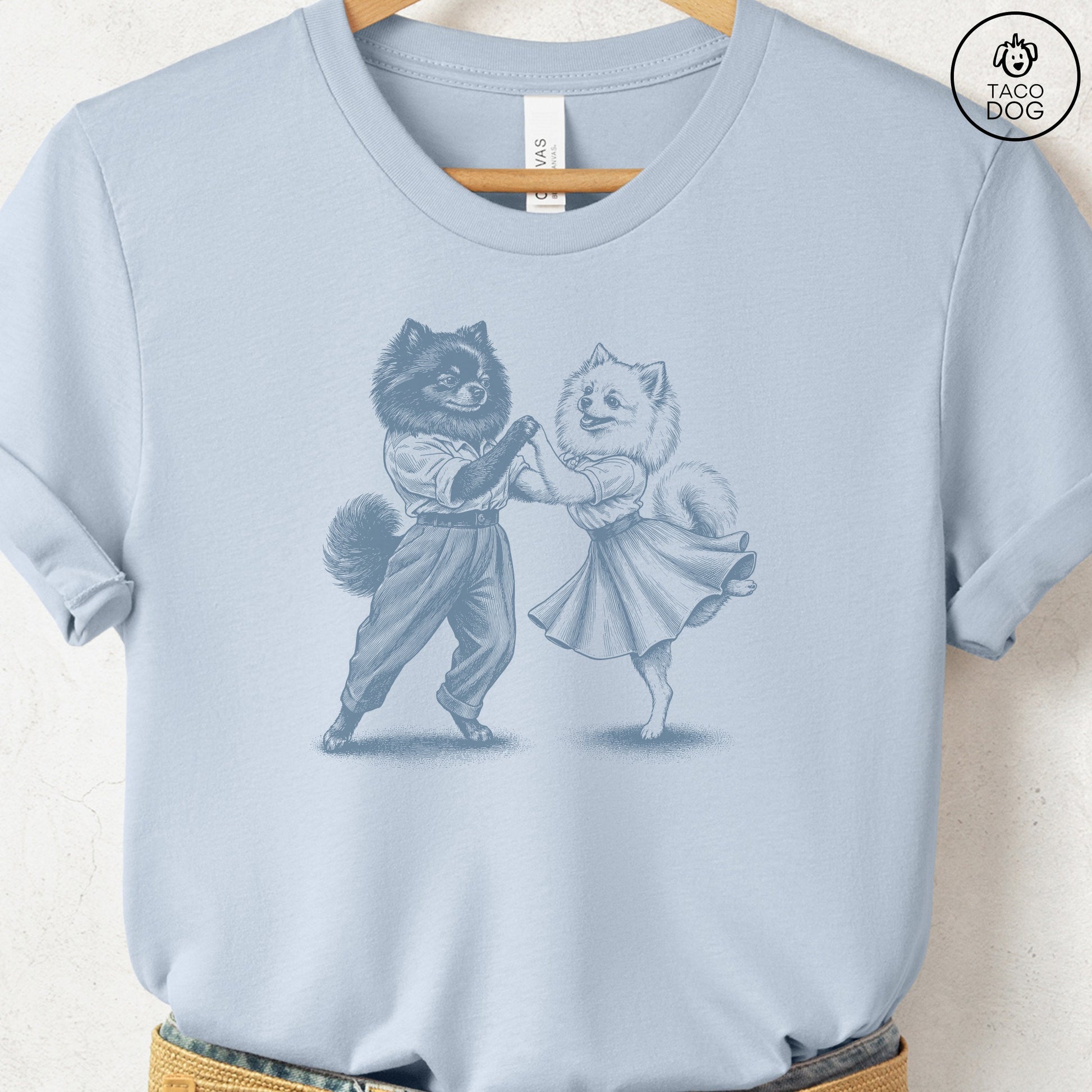 Pomeranian Dancing T-Shirt Light Blue Taco-Dog