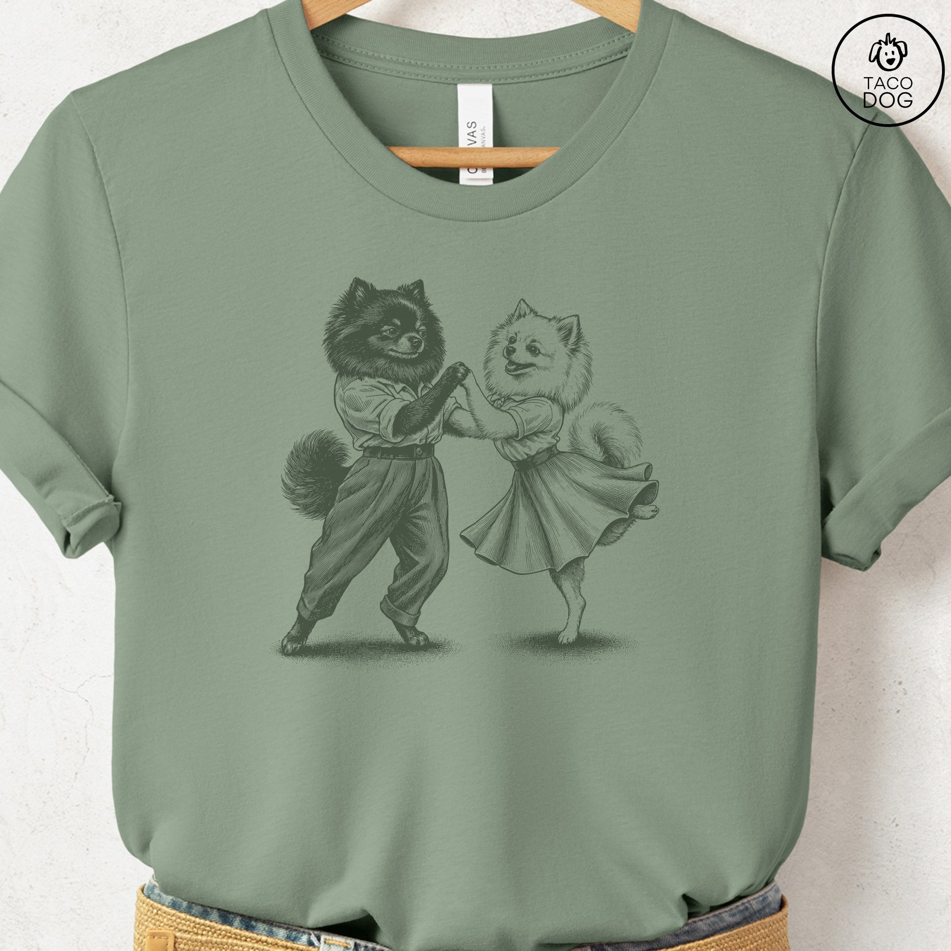 Pomeranian Dancing T-Shirt Sage Taco-Dog