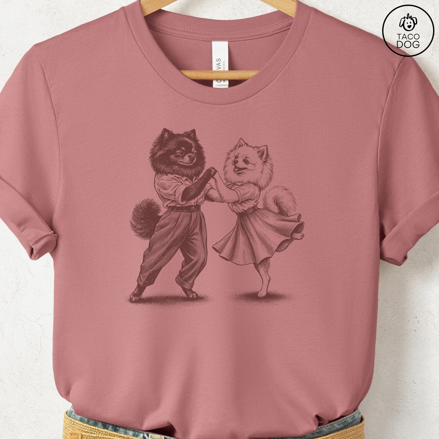 Pomeranian Dancing T-Shirt Heather Mauve Taco-Dog