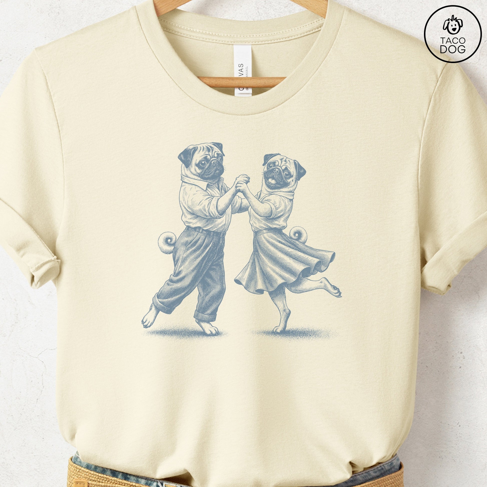 Pug Dancing T-Shirt Natural Taco-Dog