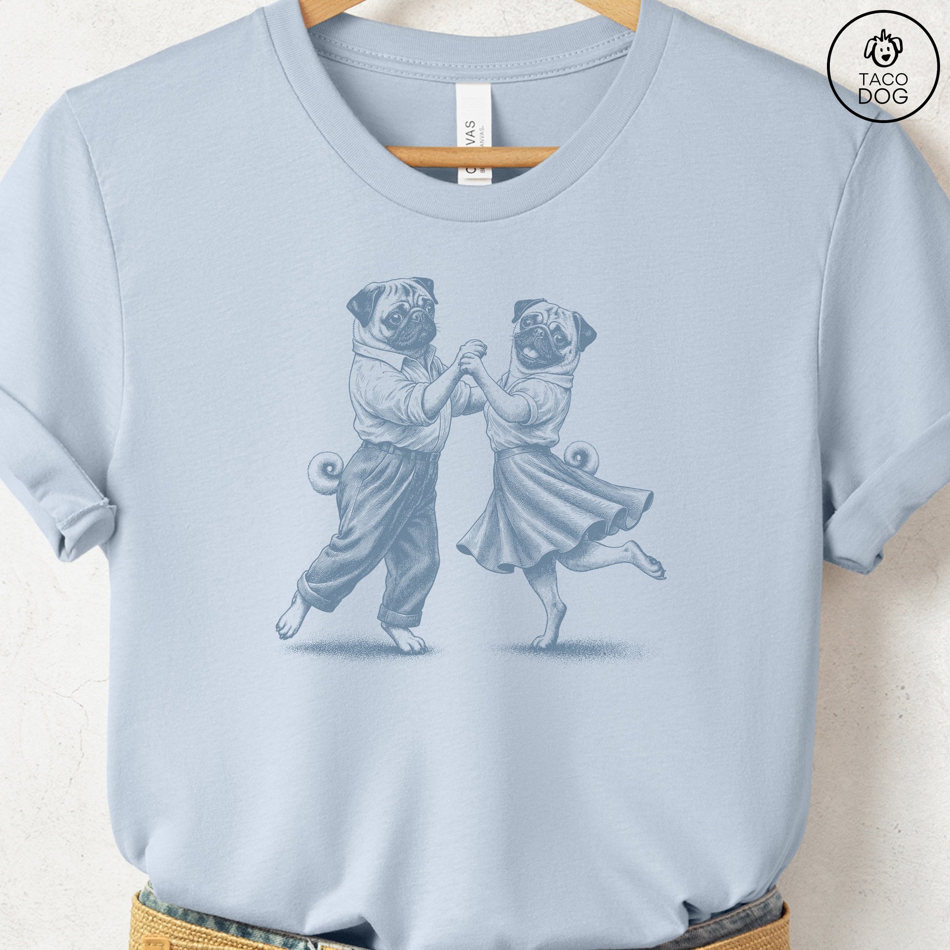 Pug Dancing T-Shirt Light Blue Taco-Dog