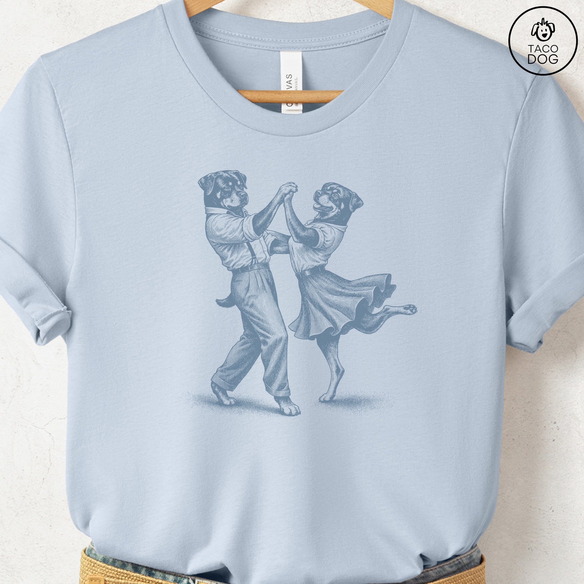 Rottweiler Dancing T-Shirt Light Blue Taco-Dog