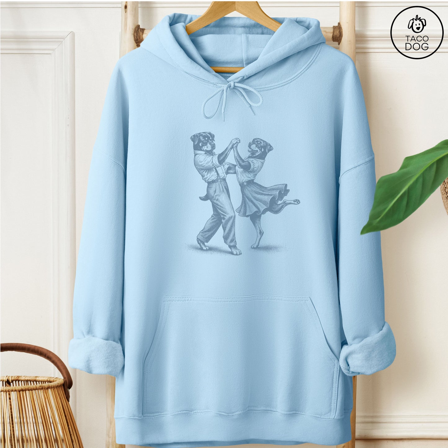 Rottweiler Dancing Hoodie Light Blue Taco-Dog
