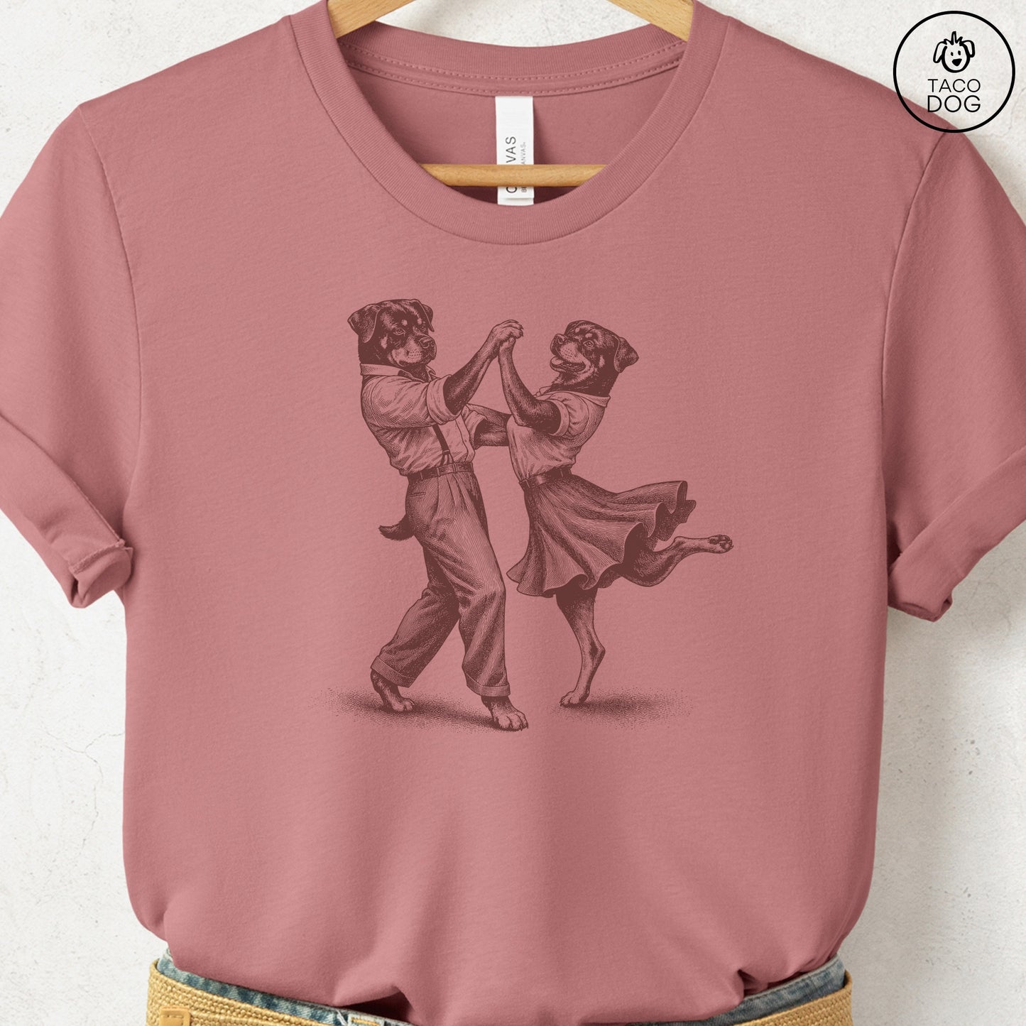 Rottweiler Dancing T-Shirt Heather Mauve Taco-Dog