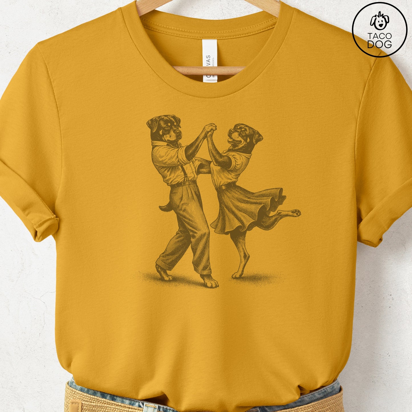 Rottweiler Dancing T-Shirt Mustard Taco-Dog
