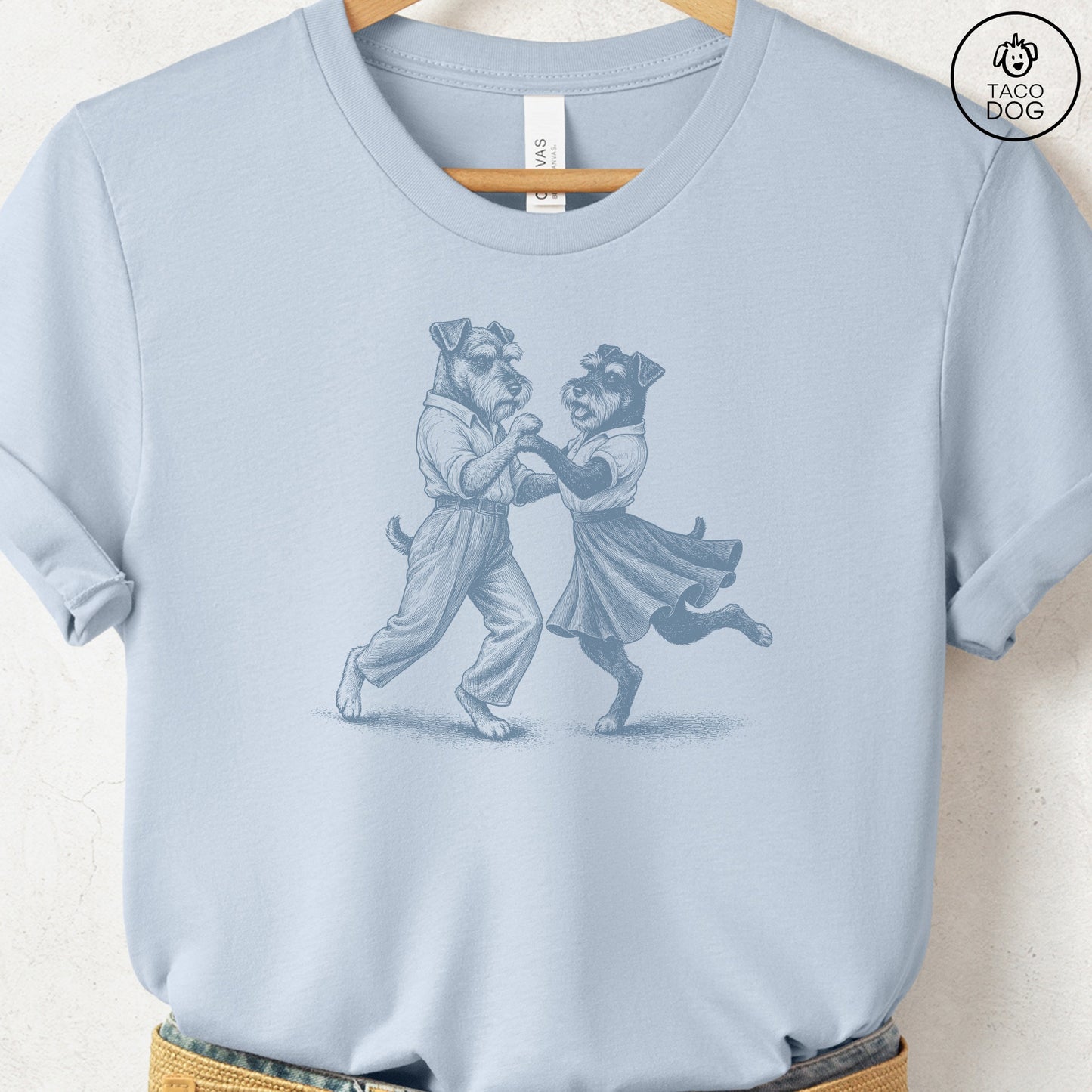 Schnauzer Dancing T-Shirt Light Blue Taco-Dog