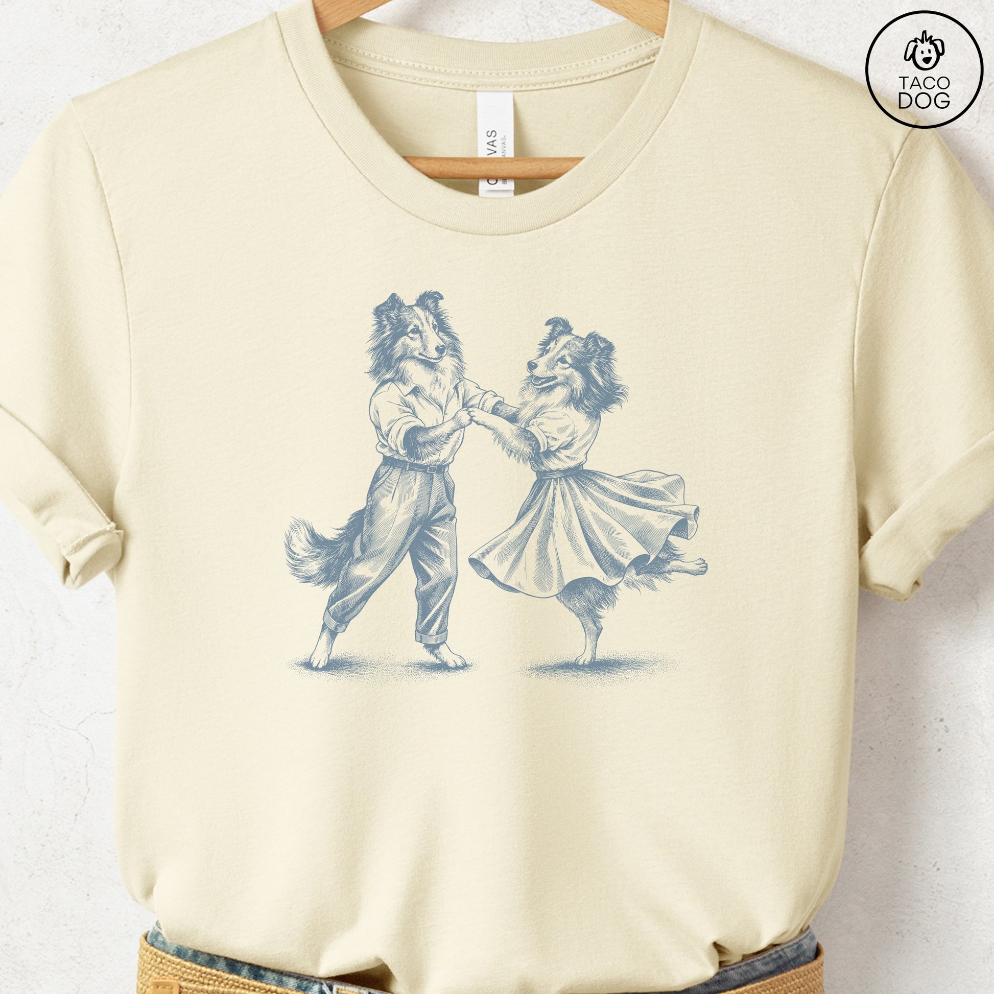 Shetland Sheepdog Dancing T-Shirt Natural Taco-Dog
