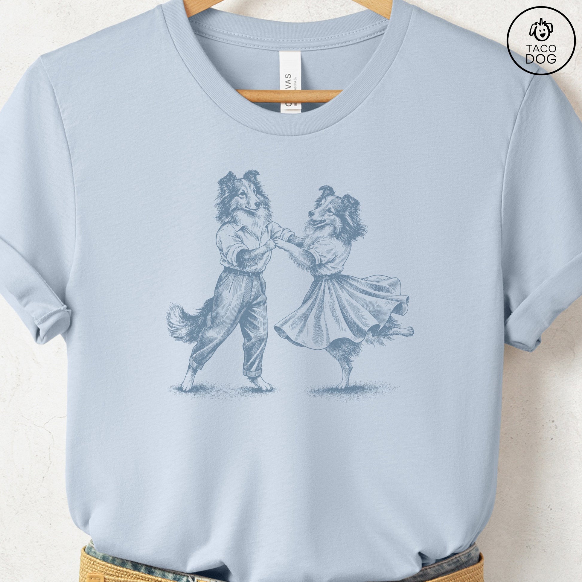 Shetland Sheepdog Dancing T-Shirt Light Blue Taco-Dog
