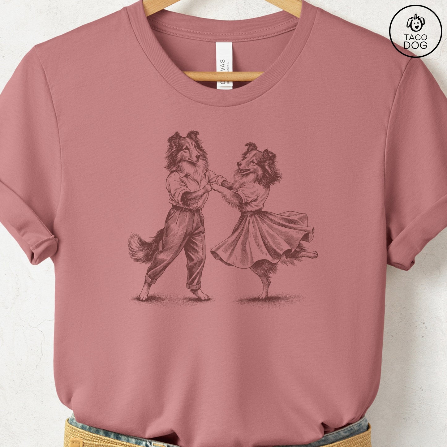 Shetland Sheepdog Dancing T-Shirt Heather Mauve Taco-Dog