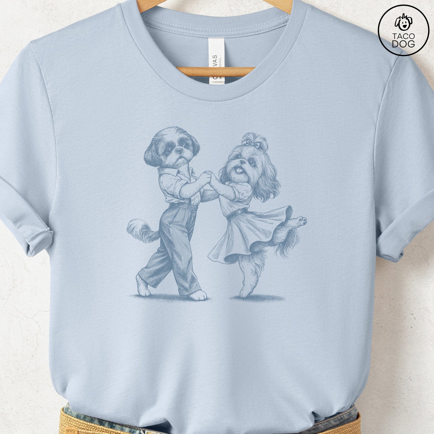 Shih Tzu Dancing T-Shirt Light Blue Taco-Dog