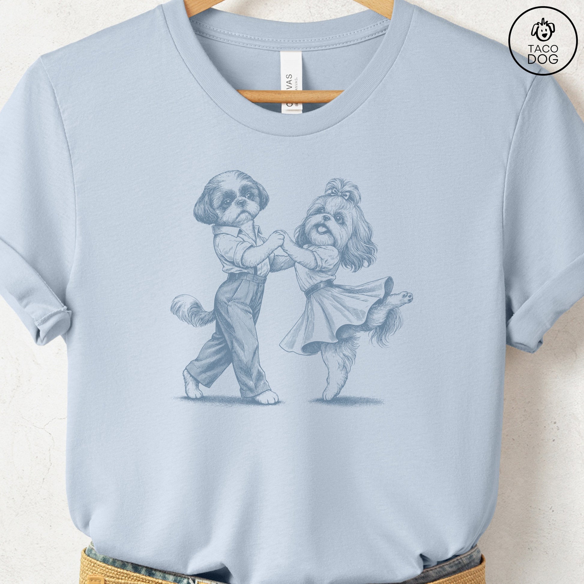 Shih Tzu Dancing T-Shirt Light Blue Taco-Dog