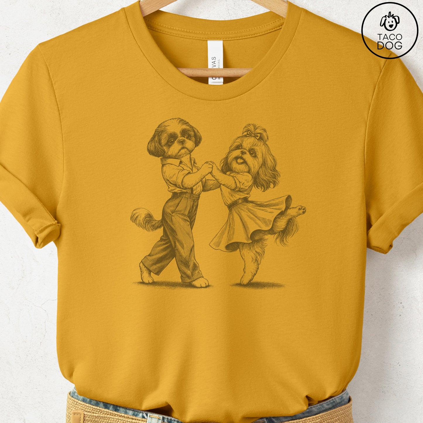 Shih Tzu Dancing T-Shirt Mustard Taco-Dog