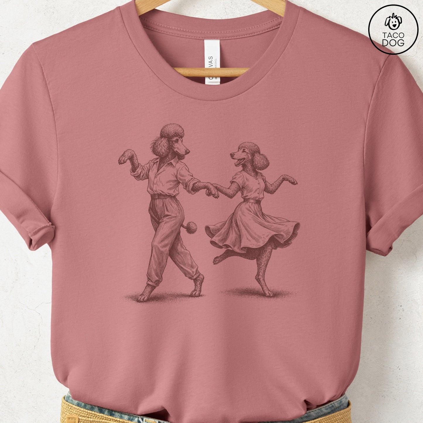 Poodle Dancing T-Shirt Heather Mauve Taco-Dog