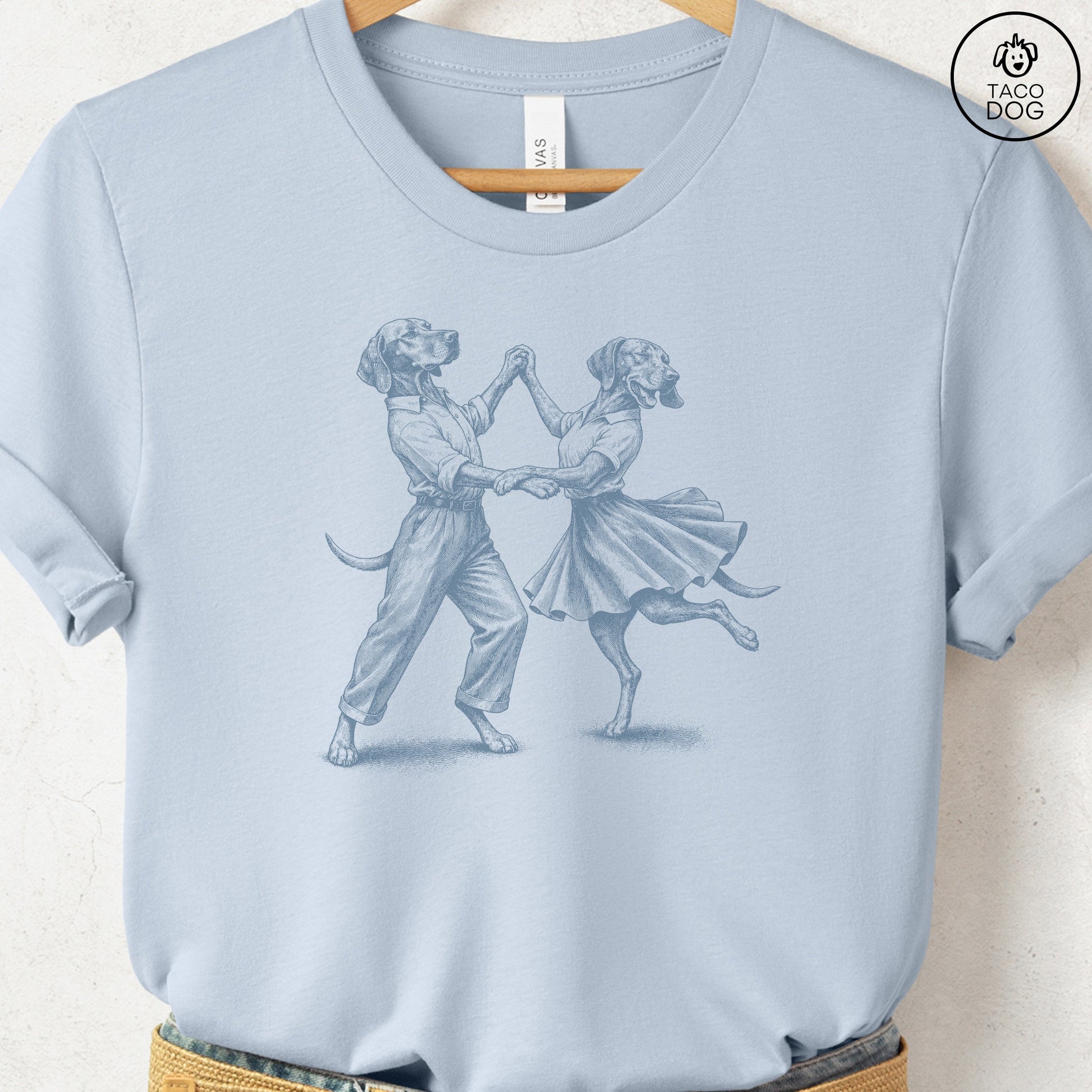 Vizsla Dancing T-Shirt Light Blue Taco-Dog