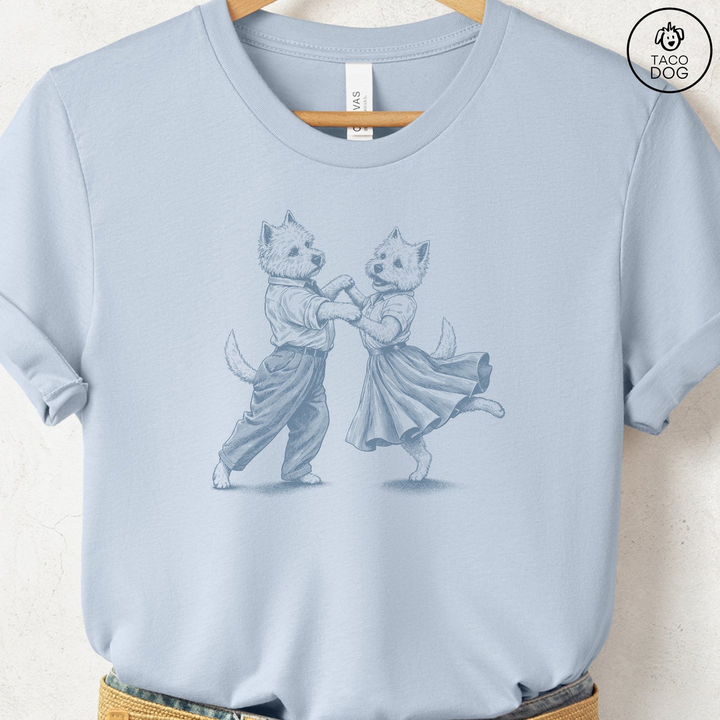 Westie Dancing T-Shirt Light Blue Taco-Dog