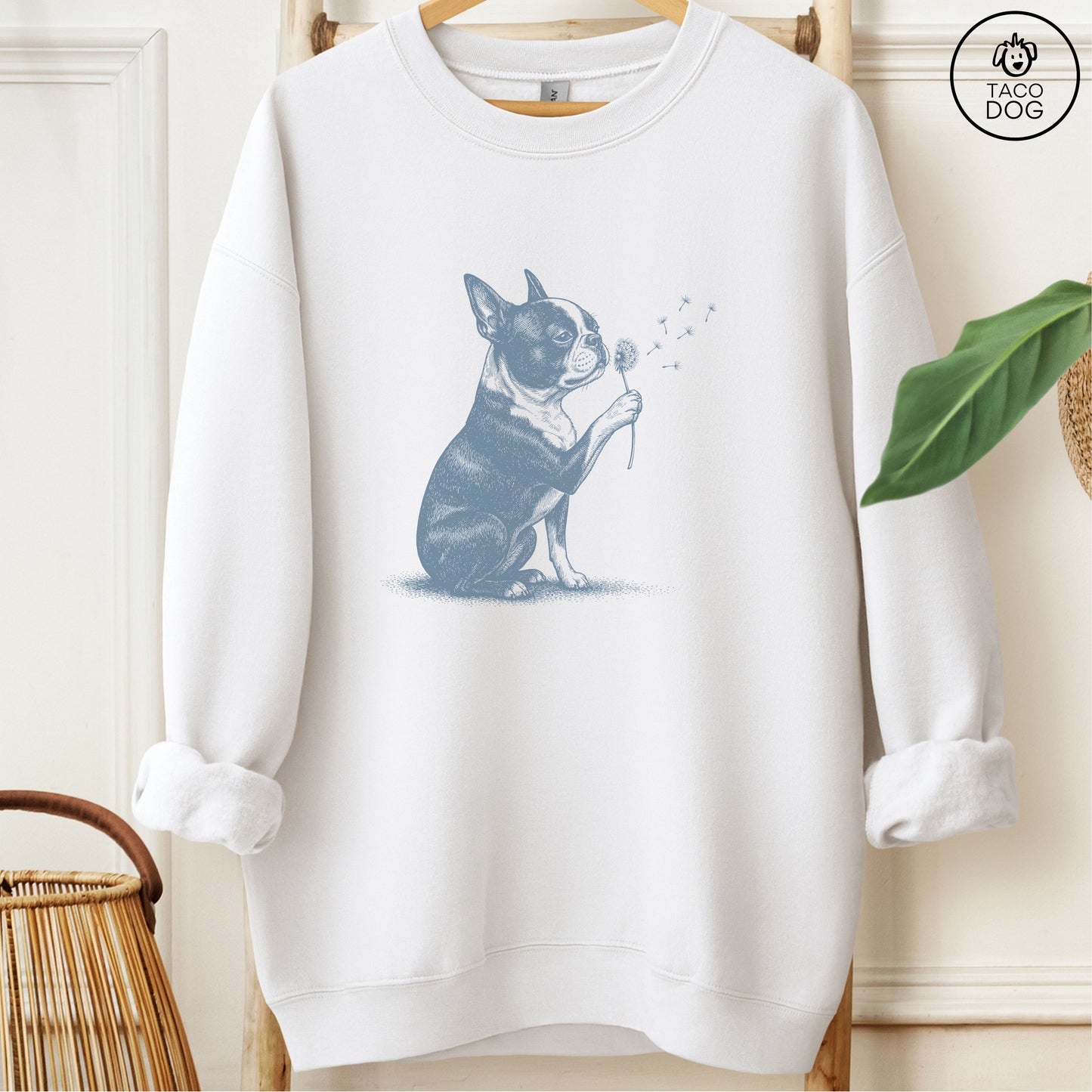 Boston Terrier Dandelion Sweatshirt White Taco-Dog