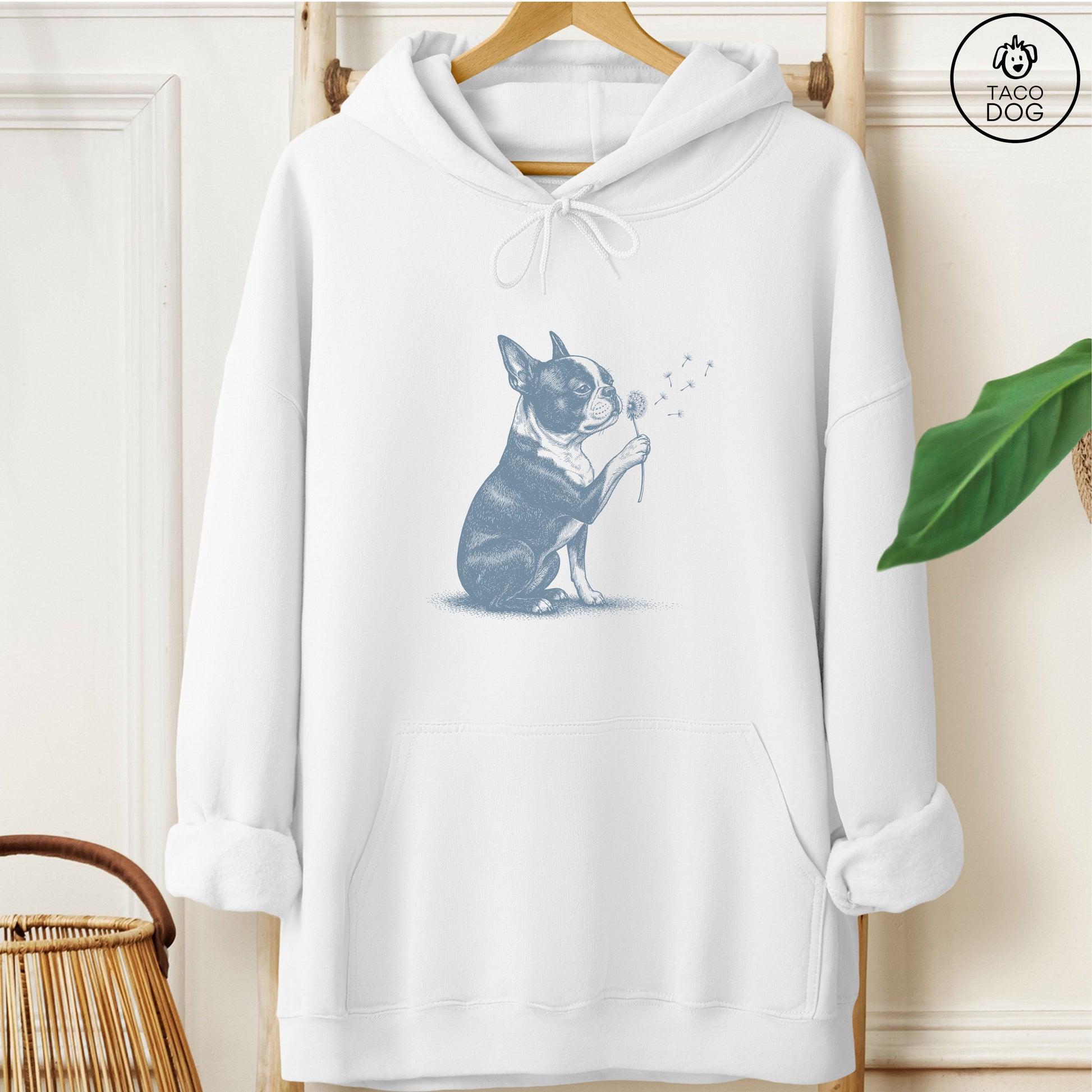 Boston Terrier Dandelion Hoodie White Taco-Dog