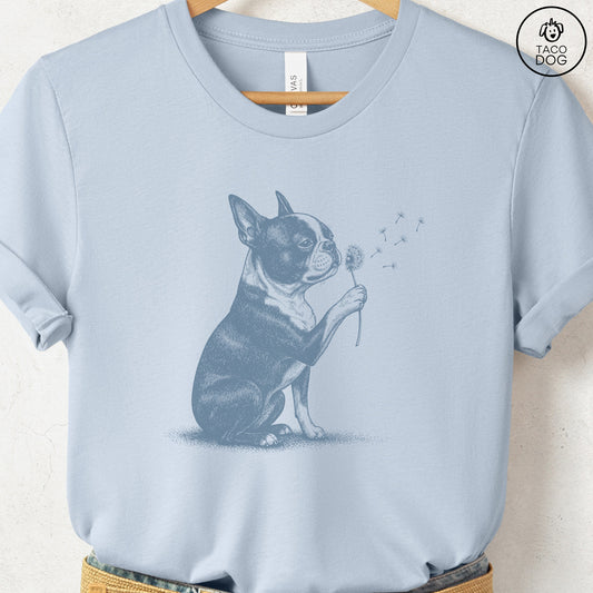 Boston Terrier Dandelion T-Shirt Light Blue S Taco-Dog
