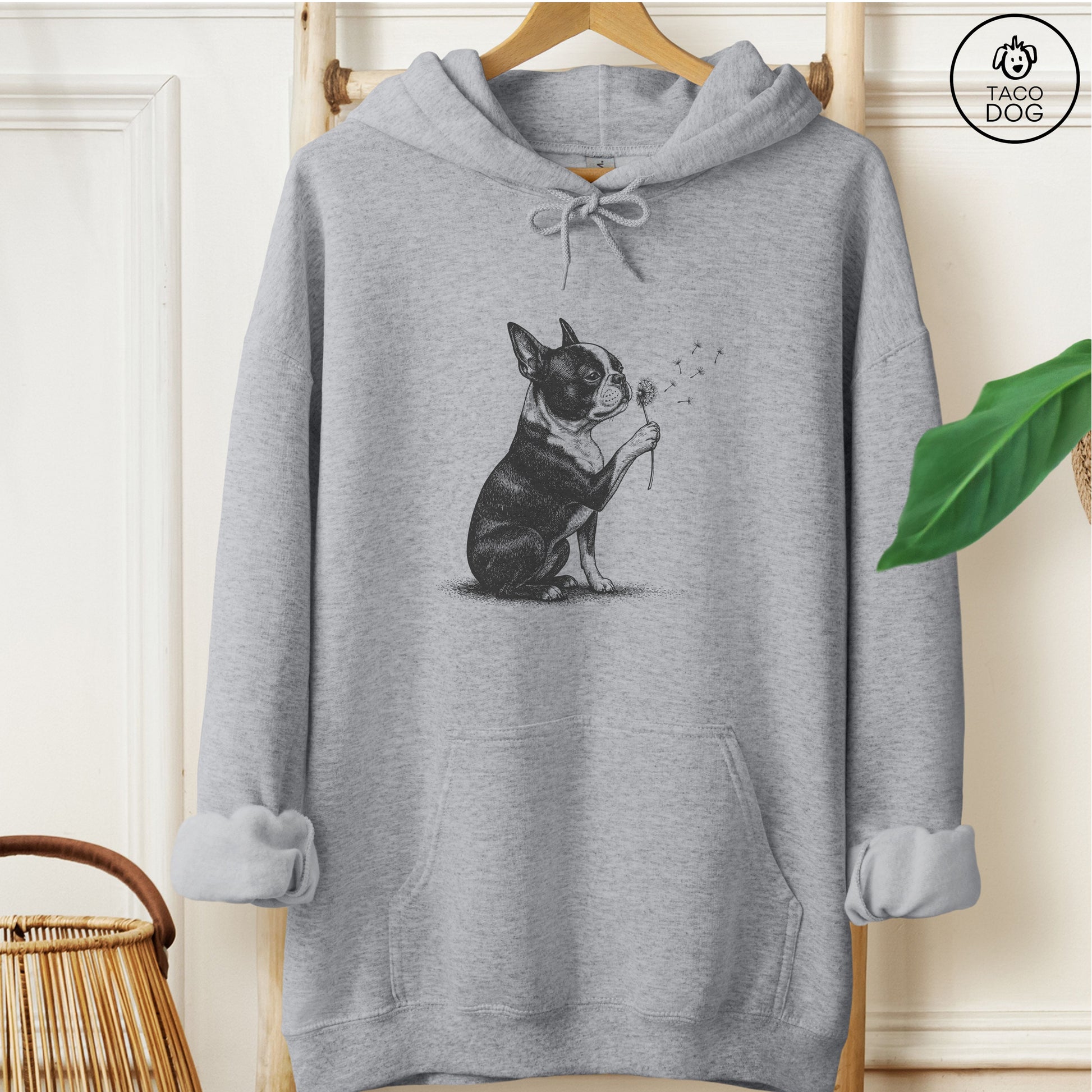 Boston Terrier Dandelion Hoodie Graphite Heather Taco-Dog