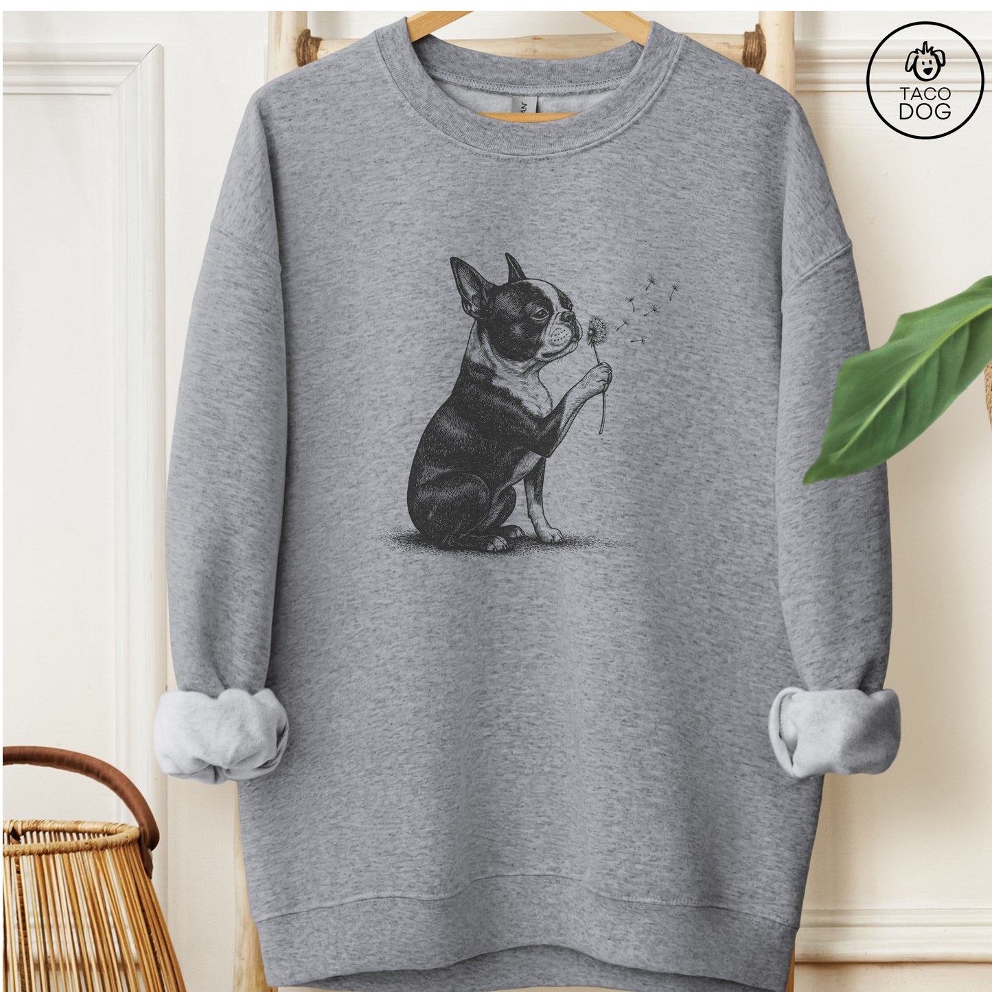 Boston Terrier Dandelion Sweatshirt Graphite Heather Taco-Dog