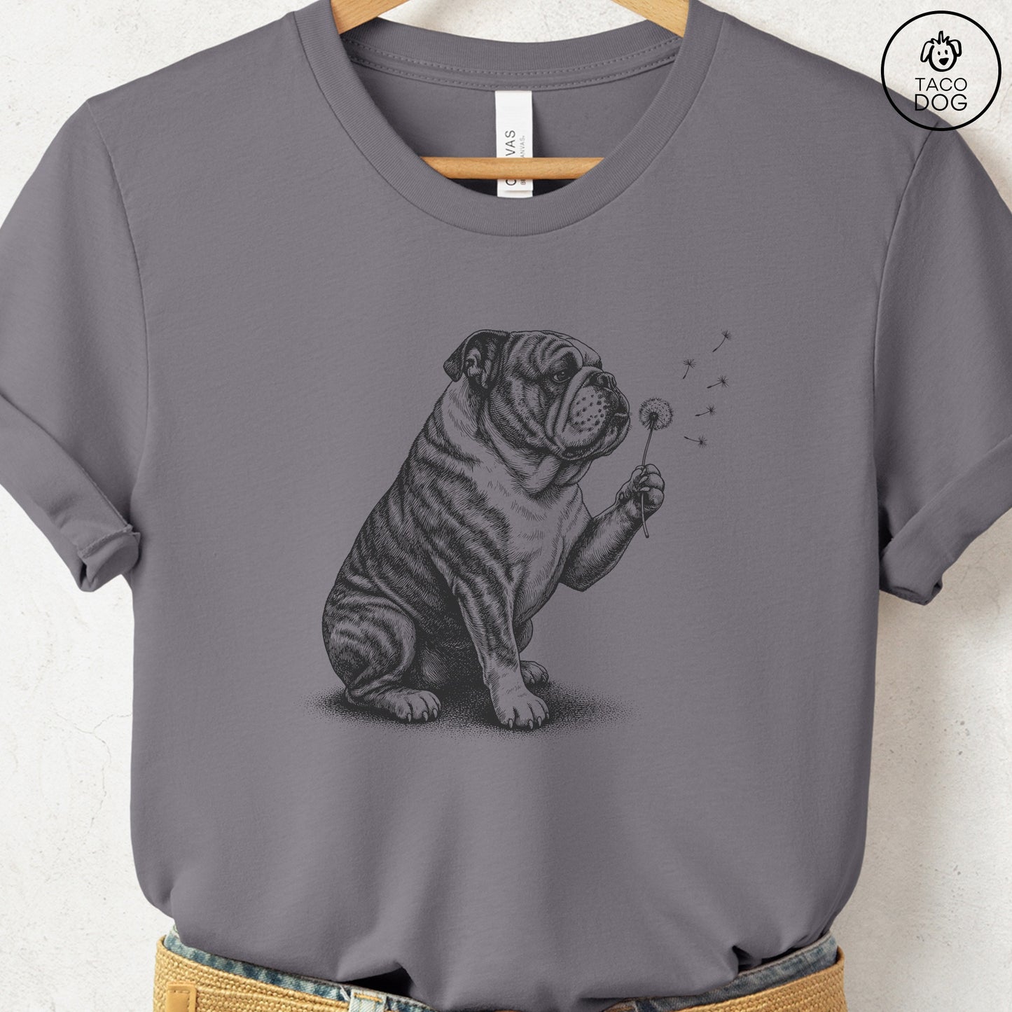 English Bulldog Dandelion T-Shirt Storm S Taco-Dog