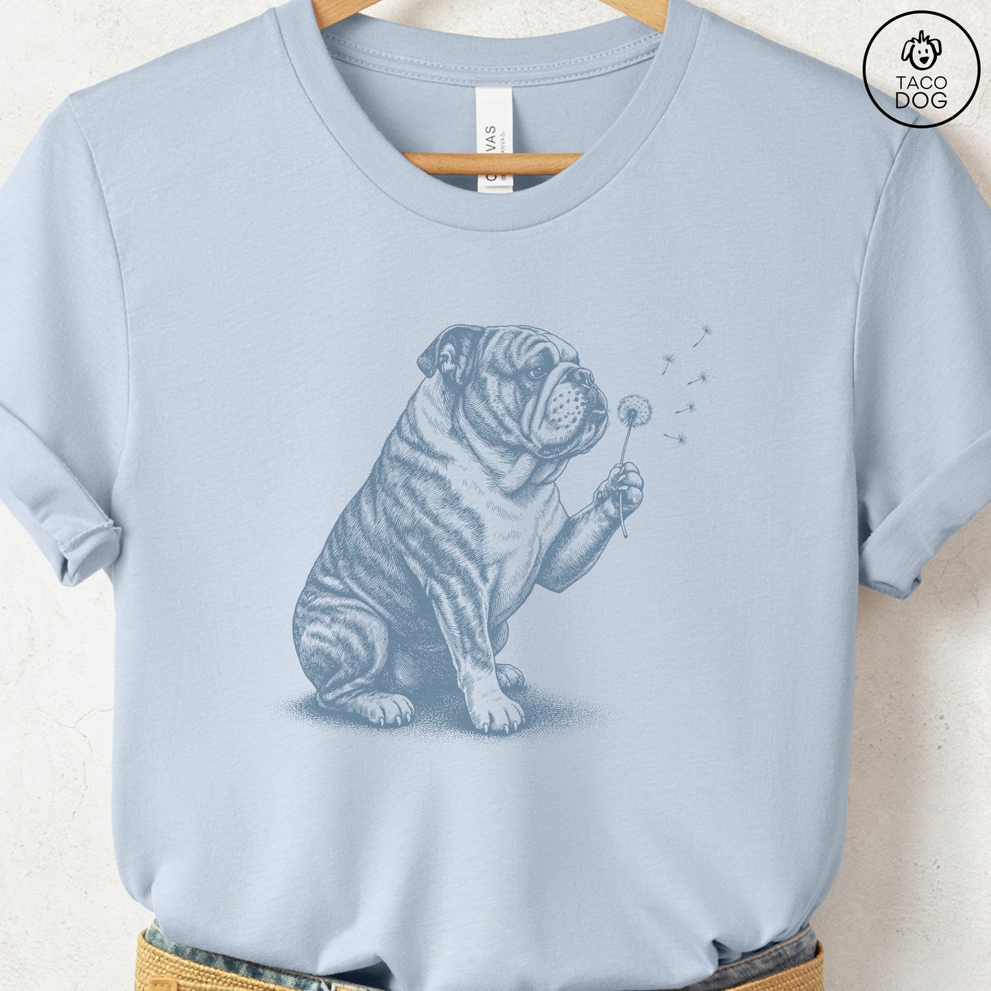 English Bulldog Dandelion T-Shirt Light Blue S Taco-Dog