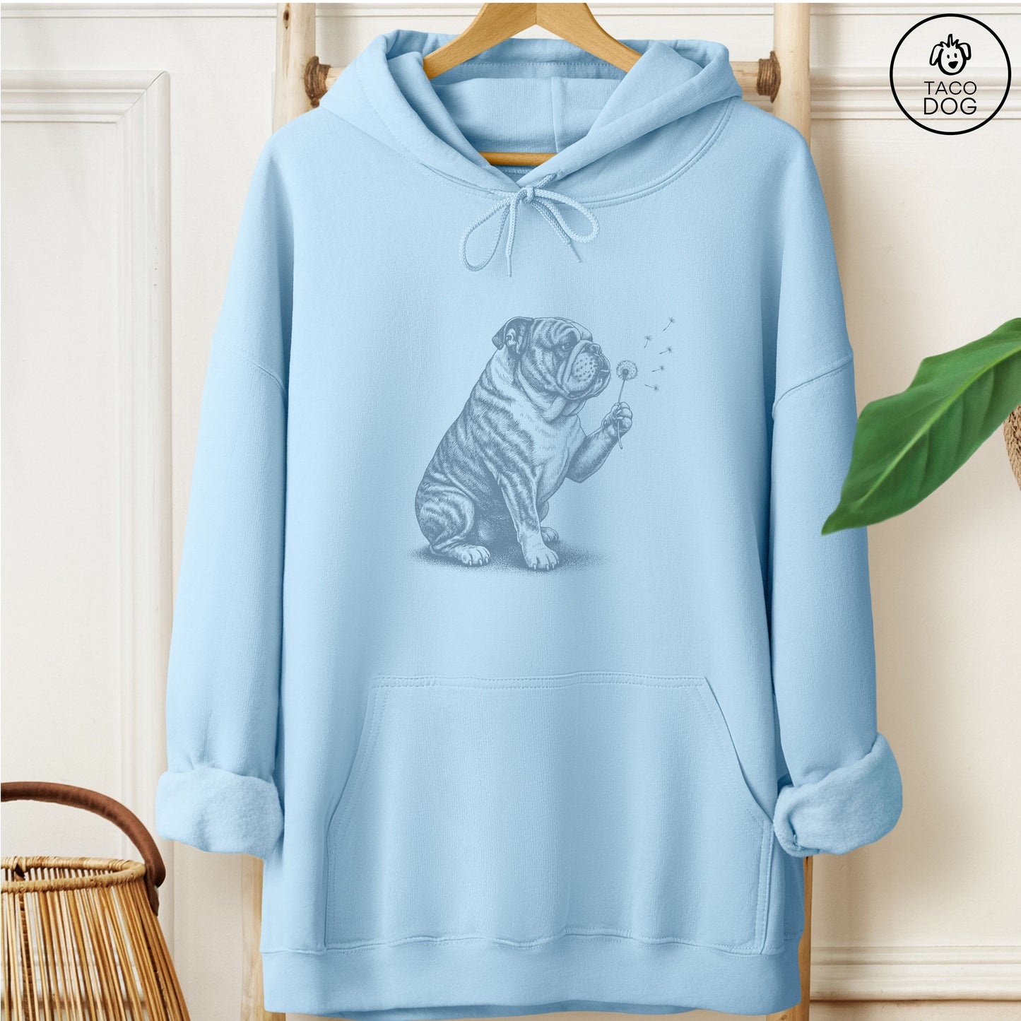 English Bulldog Dandelion Hoodie Light Blue Taco-Dog