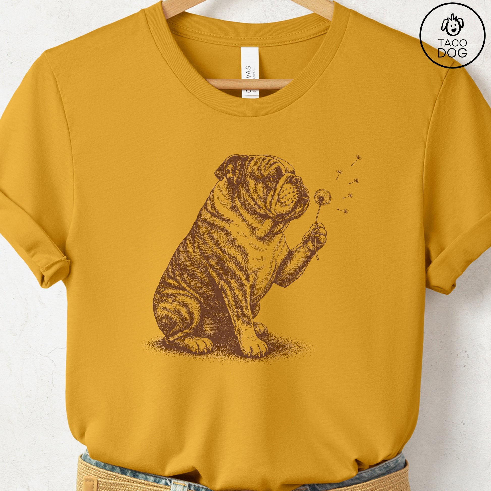 English Bulldog Dandelion T-Shirt Mustard S Taco-Dog