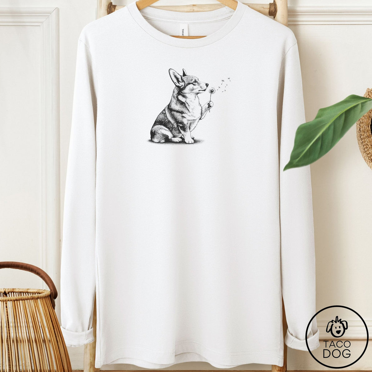 Corgi Dandelion Long Sleeve Tee White Taco-Dog