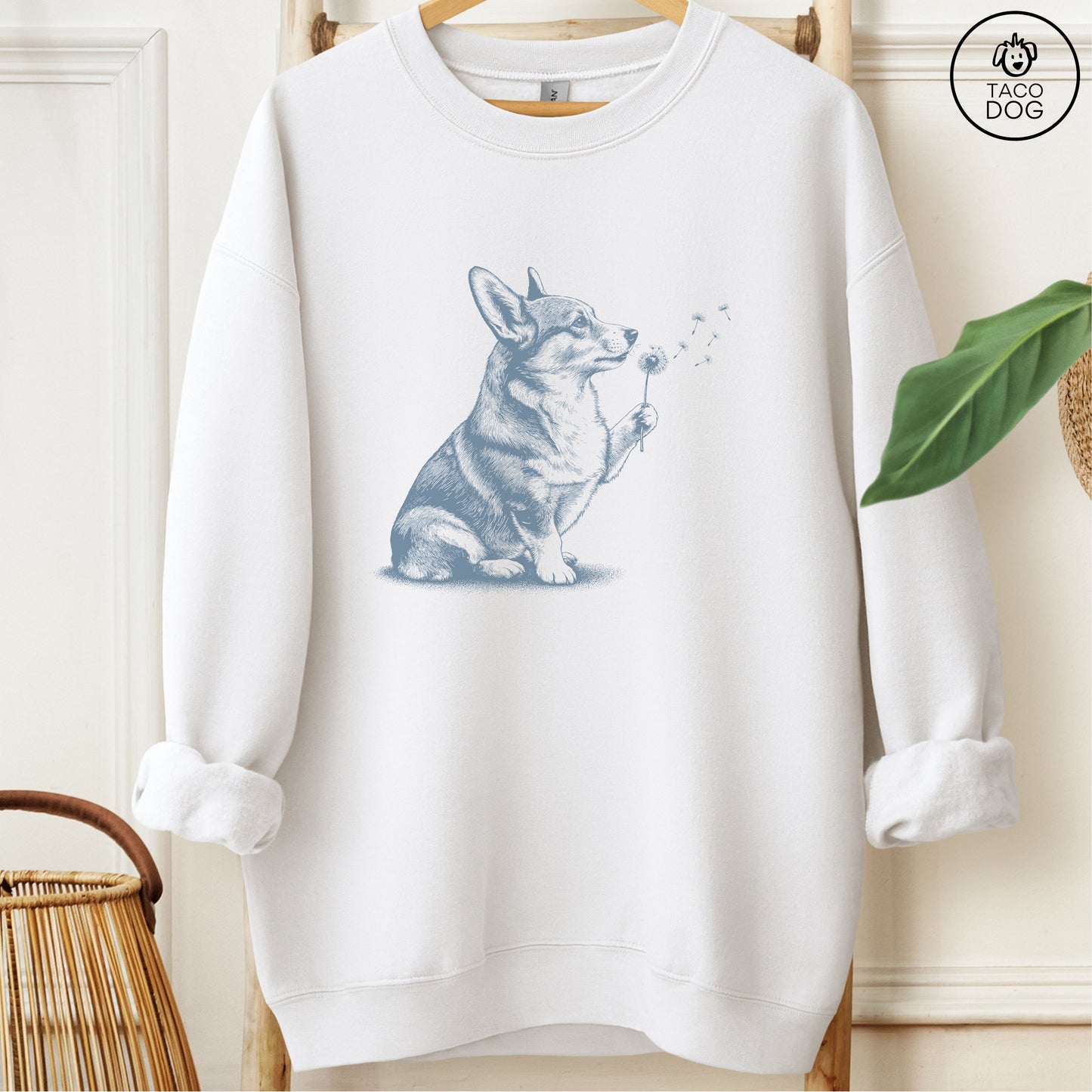 Corgi Dandelion Sweatshirt White Taco-Dog