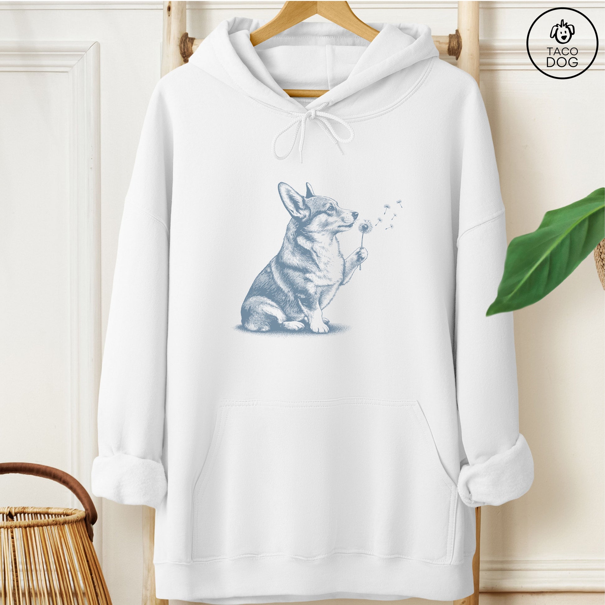 Corgi Dandelion Hoodie White Taco-Dog