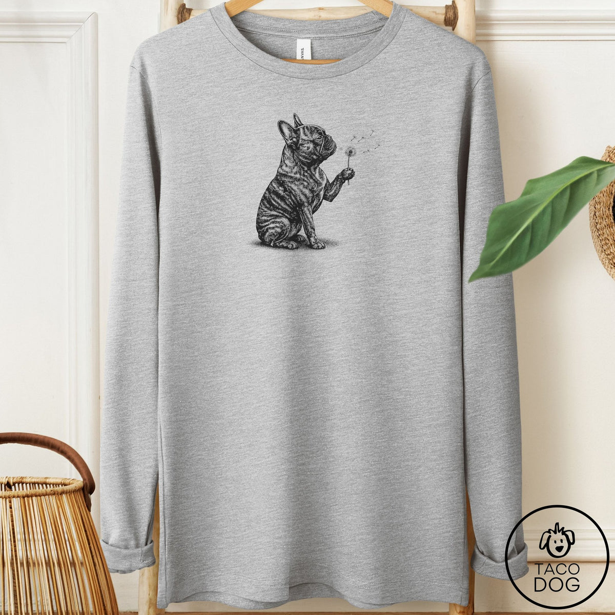 French Bulldog Frenchie Dandelion Long Sleeve Tee Athletic Heather Taco-Dog