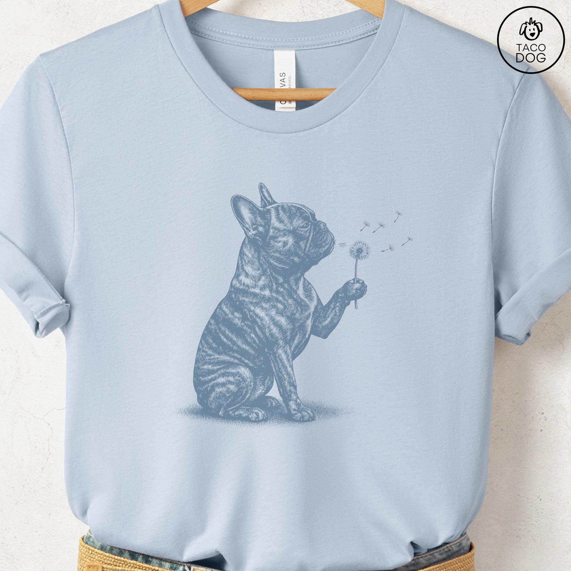 French Bulldog Frenchie Dandelion T-Shirt Light Blue S Taco-Dog