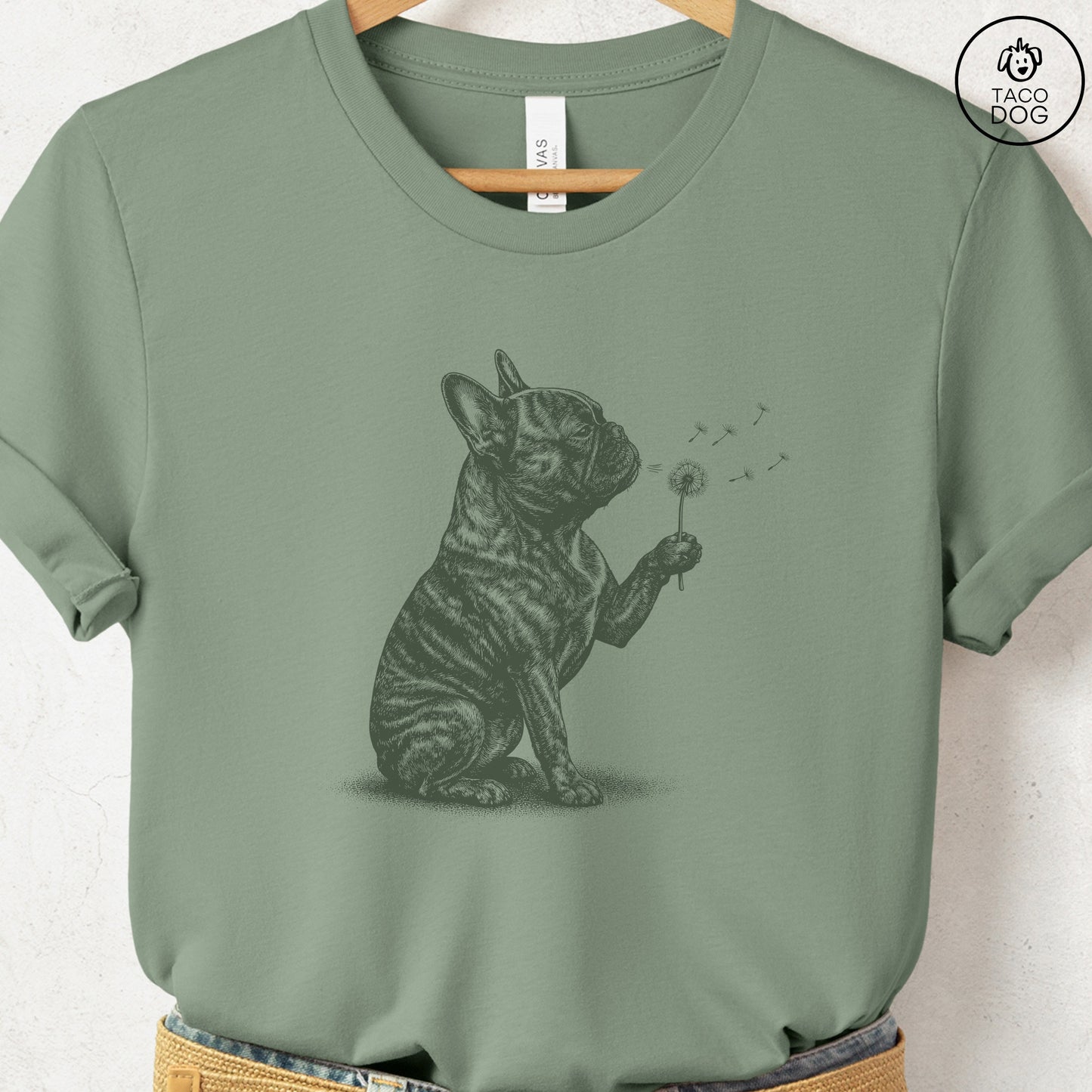 French Bulldog Frenchie Dandelion T-Shirt Sage S Taco-Dog