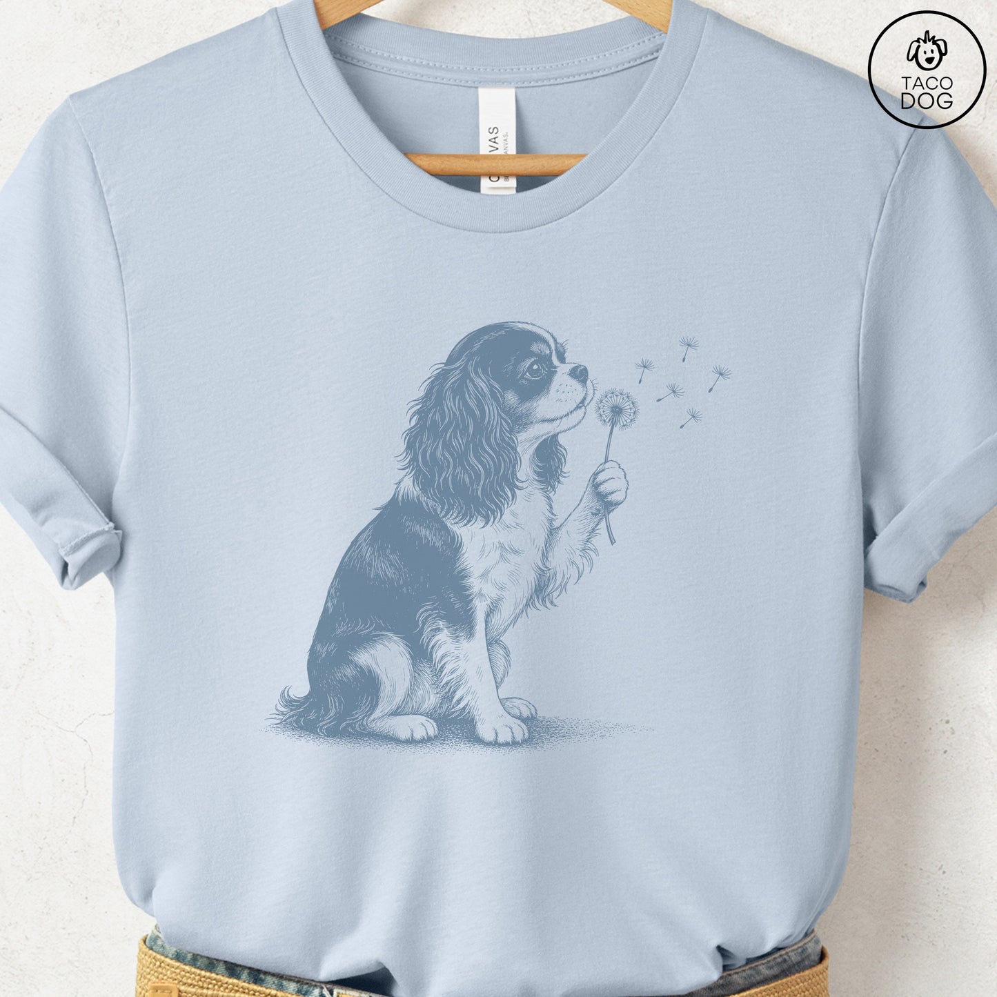 Cavalier King Charles Spaniel Dandelion Tee Light Blue Taco-Dog