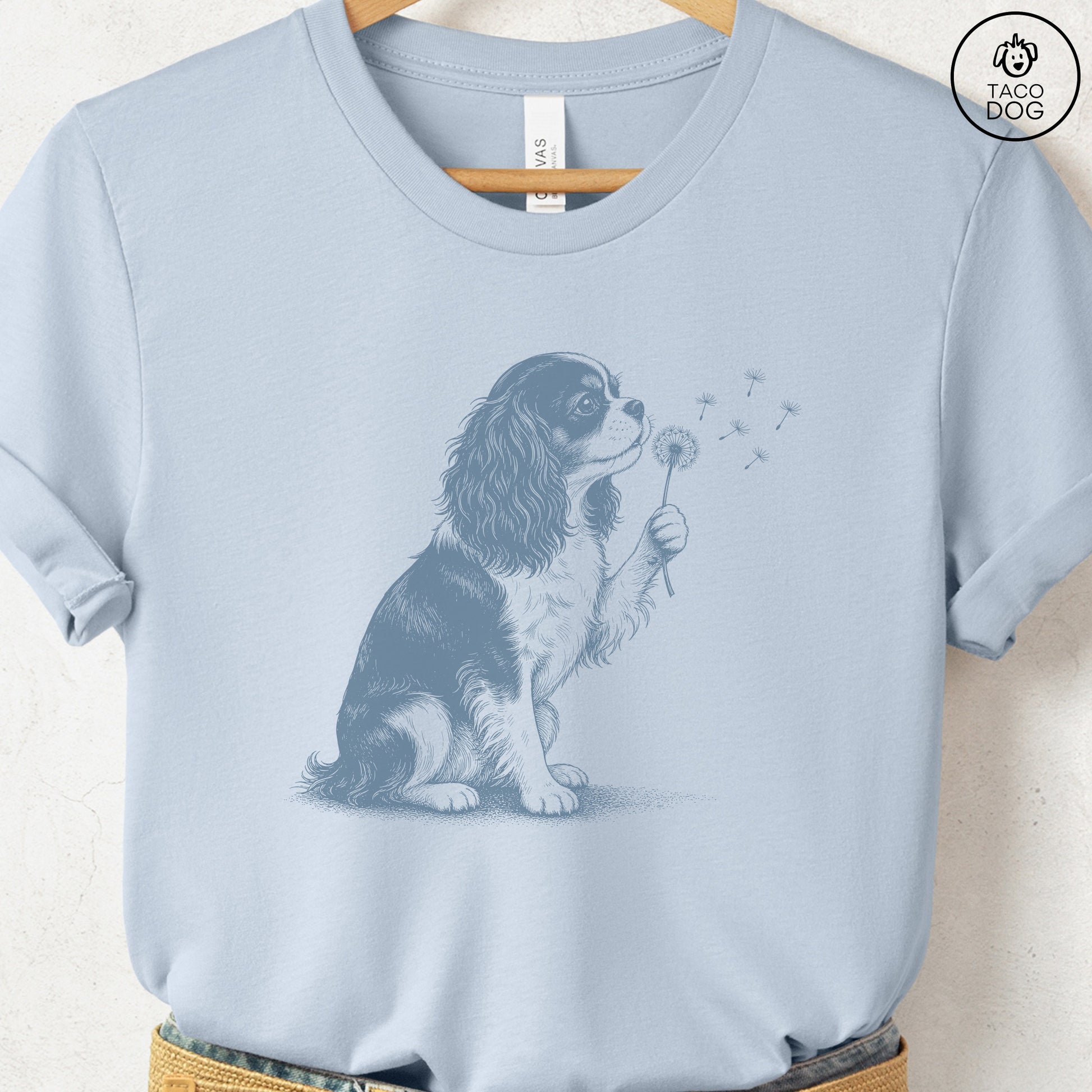 Cavalier King Charles Spaniel Dandelion Tee Light Blue Taco-Dog