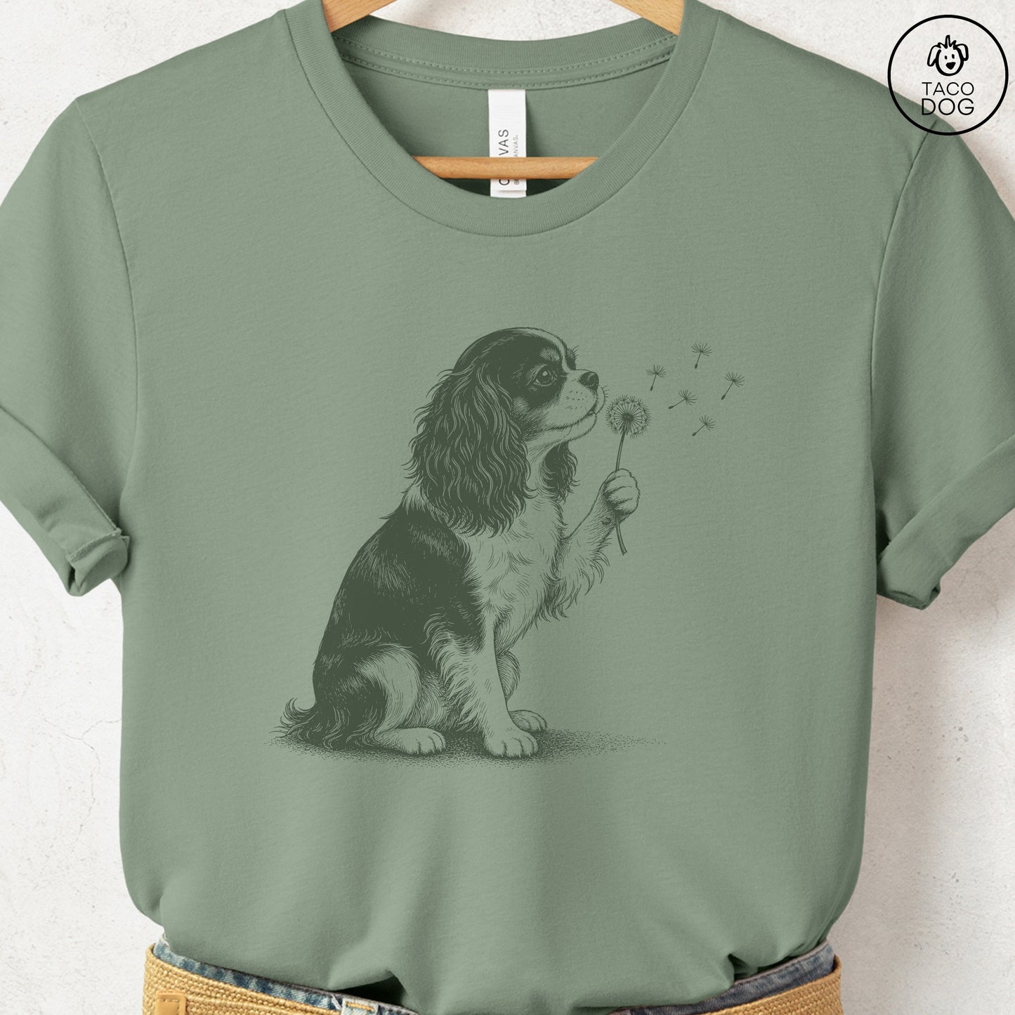 Cavalier King Charles Spaniel Dandelion Tee Sage Taco-Dog
