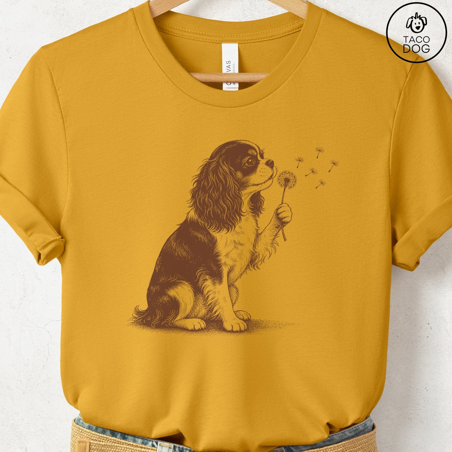 Cavalier King Charles Spaniel Dandelion Tee Mustard Taco-Dog